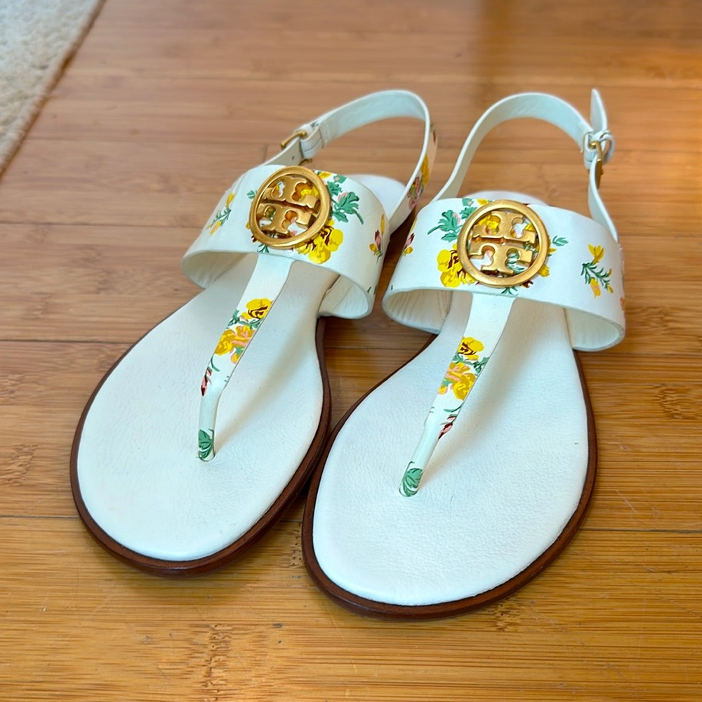 TORY BURCH Benton White Floral Leather Sandals NWOT